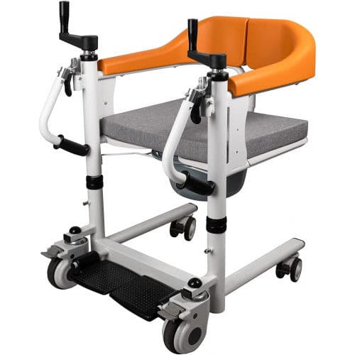 Patient Transfer Lift Chair Price in Bangladesh — orange and white patient transfer lift chair with split seat pads, crank lift and locking castors